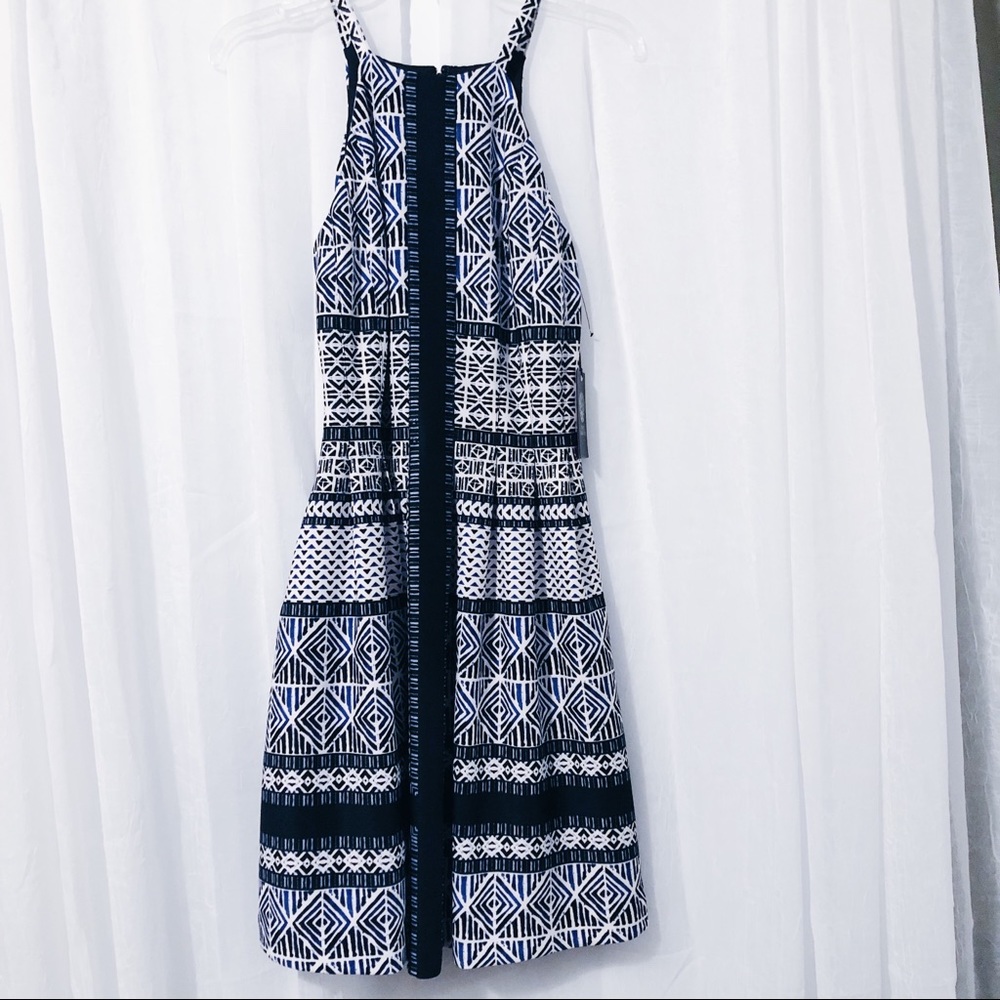 Vince Camuto Fit and Flare Patterned Blue Dress